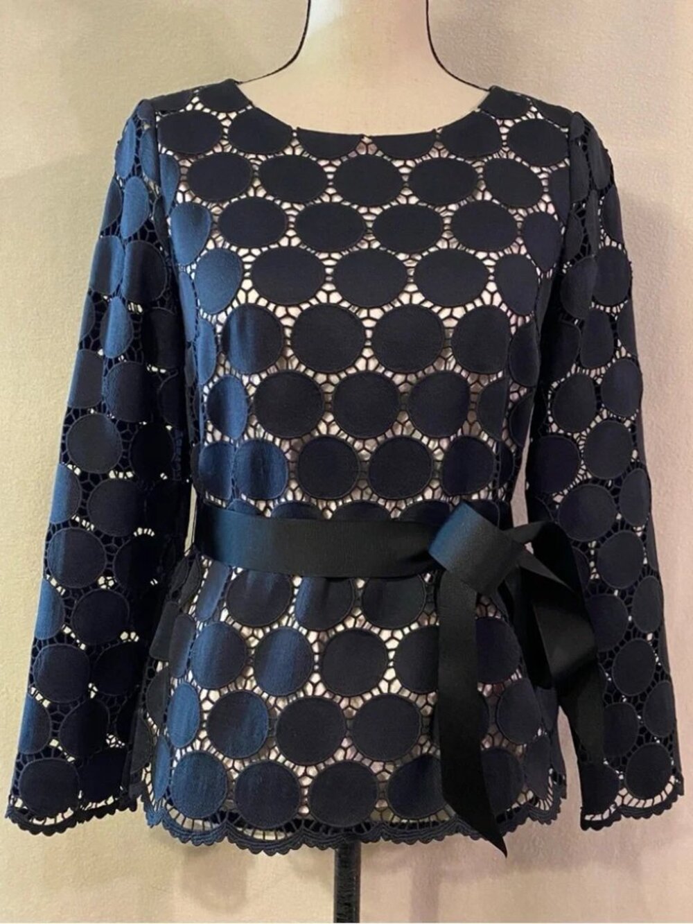 Kate Spade navy blue dot lace scalloped long sleeve top blouse